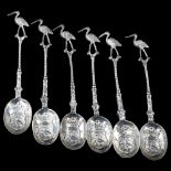 A set of 6 Continental silver heron teaspoons, length 12cm, 3oz total No damage or repairs,