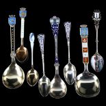 Various Scandinavian sterling silver and enamel souvenir spoons, largest length 14cm, 4oz total