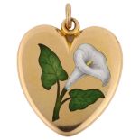 An Antique Calla lily heart locket pendant, unmarked rose gold settings with hand painted enamel