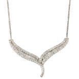 A modern 9ct white gold diamond crossover pendant necklace, set with baguette and single-cut