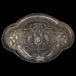 An Art Nouveau Edwardian silver dressing table tray, relief embossed heron decoration with