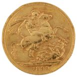 A Victoria 1899 gold full sovereign coin, old head, 7.9g Reverse has several scratch marks and small