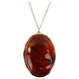A large amber entrapped leaf pendant necklace, in unmarked yellow metal frame with 9ct belcher