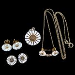 A matched set of Danish vermeil sterling silver and white enamel daisy pattern jewellery, comprising