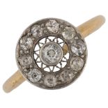 An Art Deco diamond target ring, unmarked gold settings with old-cut diamonds, total diamond content