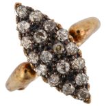 An Antique 18ct gold diamond marquise cluster ring, pave set with old-cut diamonds, total diamond