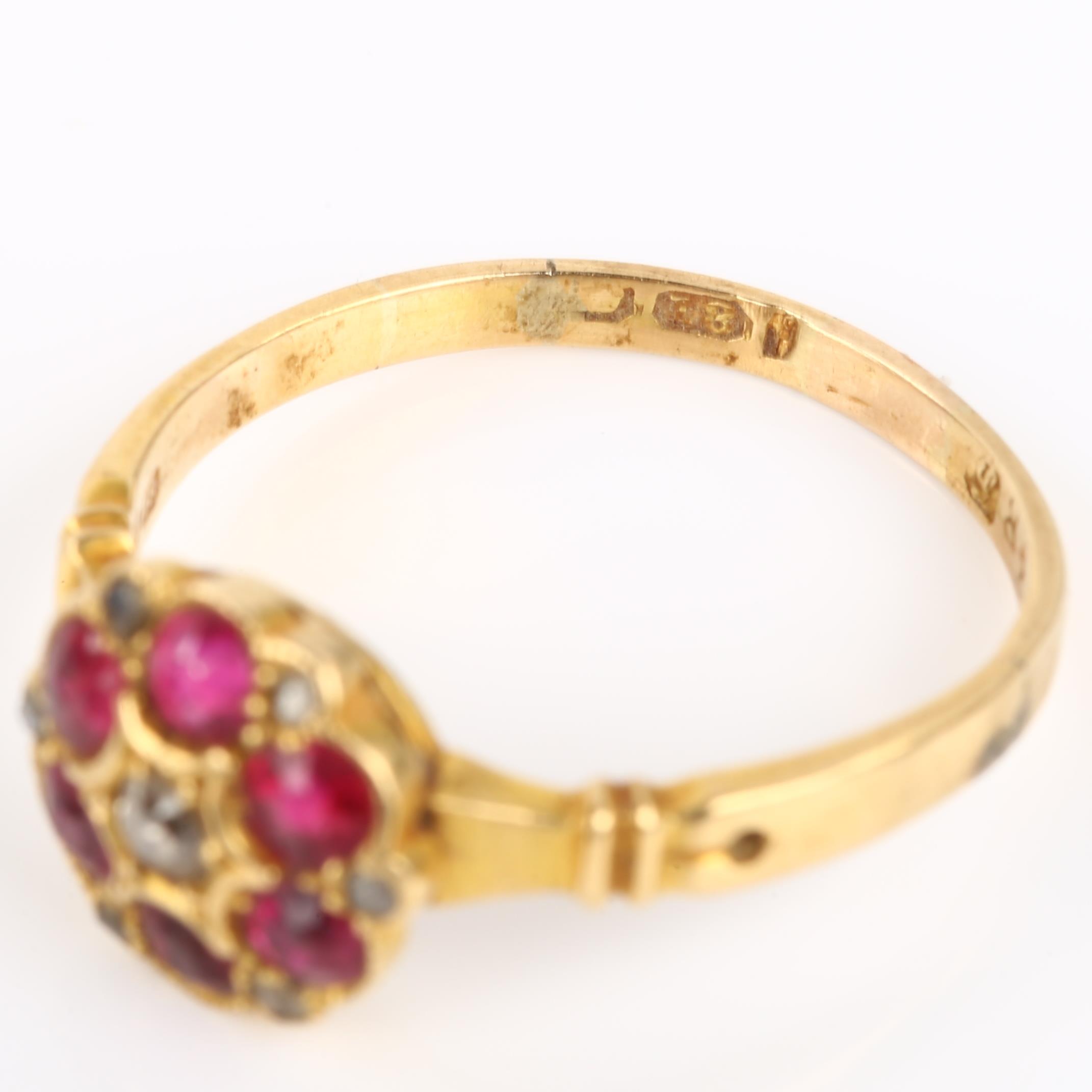 An Antique 18ct gold ruby and diamond cluster ring, set with round-cut rubies and rose-cut diamonds, - Image 3 of 4
