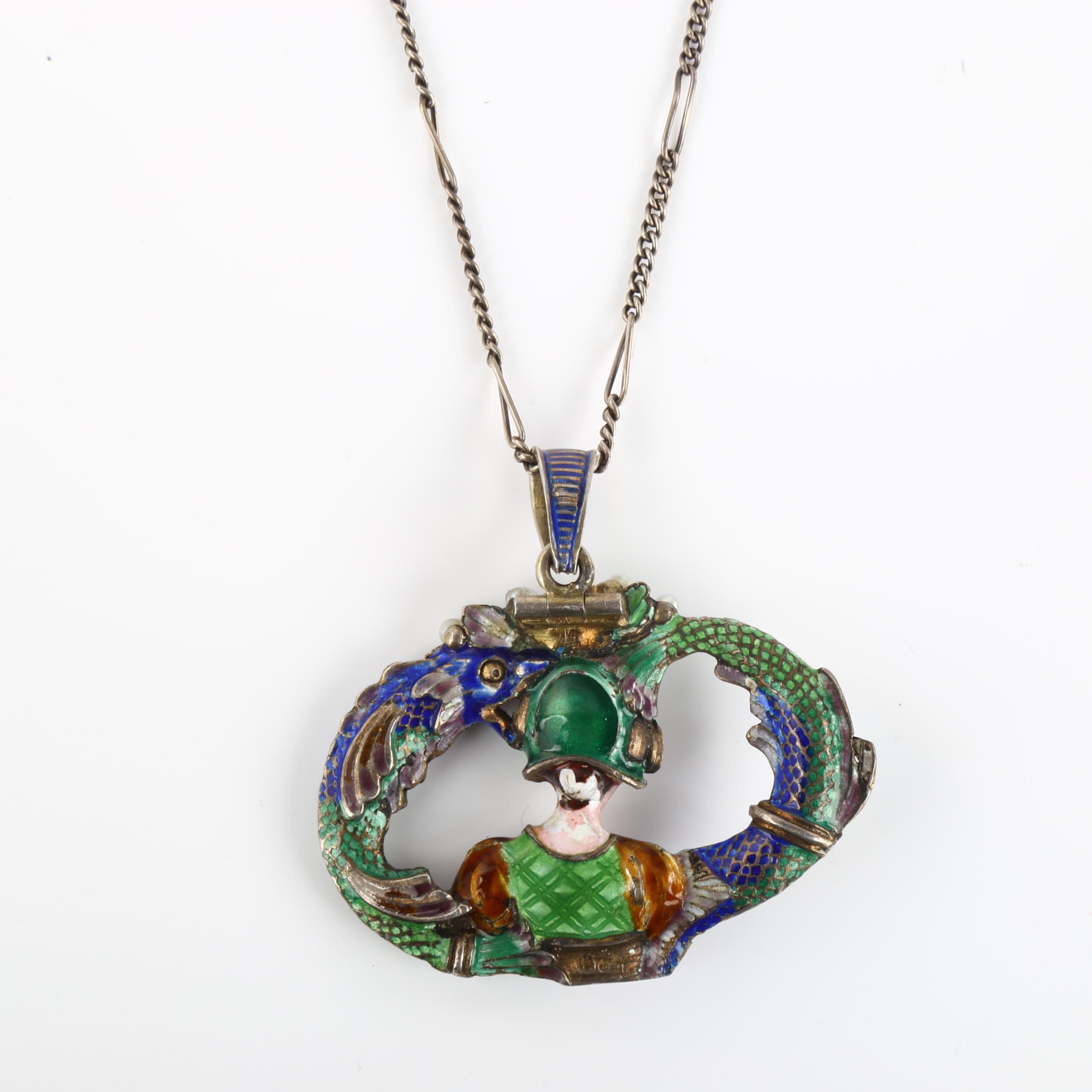 A large late 19th century Austro-Hungarian silver ruby pearl and enamel figural pendant necklace, - Image 4 of 4