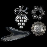 4 Danish modernist silver brooches, makers include Hermann Siersbol and John Lauridsen, largest