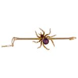 An Edwardian 9ct rose gold amethyst and garnet figural spider bar brooch, brooch length 50.7mm, 3.6g