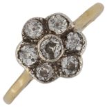 An early/mid-20th century diamond cluster flowerhead ring, unmarked gold settings with old