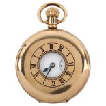 DERRICK - an early 20th century gold plated half hunter keyless pocket watch, white enamel dial with