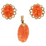 A matched coral demi-parure, comprising 14ct gold pendant and pair of 9ct earrings, pendant height