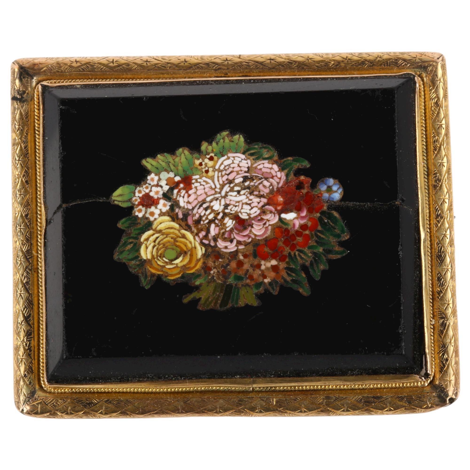 An Antique Italian micro-mosaic plaque brooch, depicting bunch of flowers, in unmarked yellow