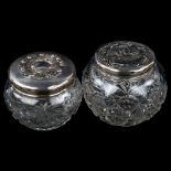 2 early 20th century silver-topped glass dressing table powder jars, including cherub example,