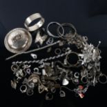 A large quantity of silver jewellery, including rings, bracelets, necklaces, brooches etc, 620g