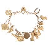 A mid-20th century 9ct gold charm bracelet with 13 x 9ct gold charms, bracelet length 18cm, 19.5g No