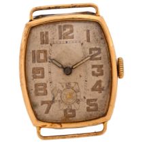 An Art Deco 9ct gold mechanical wristwatch head, silvered dial with Arabic numerals, blued steel