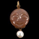 A moonstone and pearl moonface drop pendant, unmarked gilt-metal settings, pendant height 39.8mm,
