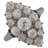 A diamond marquise cluster ring, unmarked white metal settings with old European-cut diamonds, total