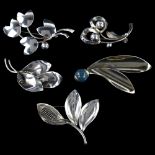 5 Danish modernist silver leaf brooches, makers include Aarre & Krogh, largest length 58.5mm, 32.