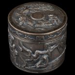 A Chinese export silver jar and cover, allover relief embossed figural decoration, by Tuck Chang