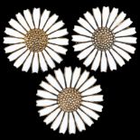 ANTON MICHELSEN - 3 Danish vermeil sterling silver and white enamel daisy pattern brooches, diameter