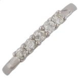 A 9ct white gold five stone diamond ring, prong set with old-cut diamonds, total diamond content