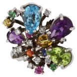 A large Continental 18ct white gold gem set cocktail ring, gemstones include topaz amethyst