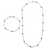 An Italian 18ct gold lapis lazuli spacer necklace and bracelet set, necklace length 41cm, bracelet