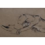 Arthur Wardle (1864 - 1949), charcoal/chalk on brown paper, lioness and cub, 25cm x 38cm, mounted