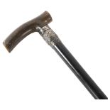 A Victorian horn-handled walking stick, with unmarked embossed silver collar