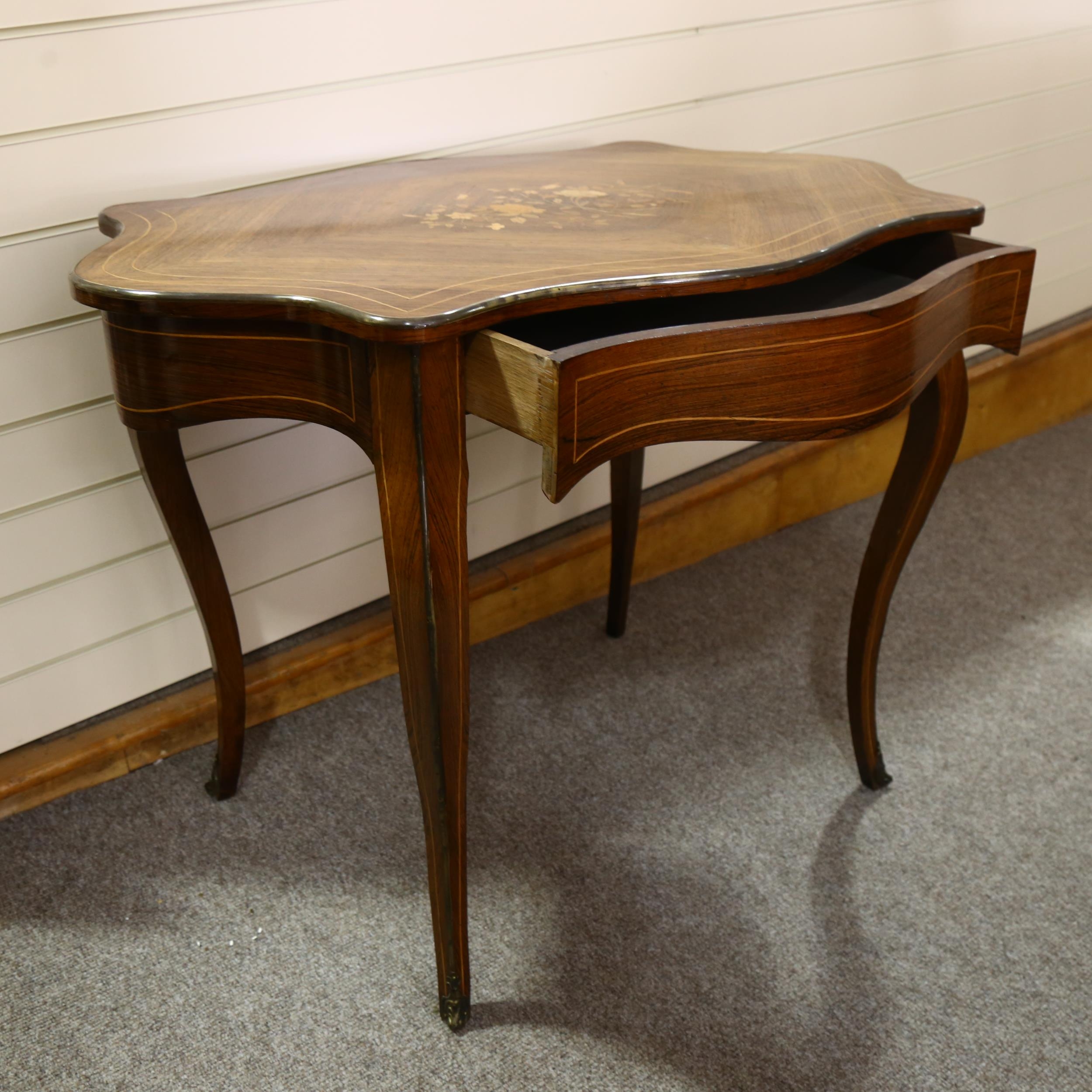 19th Century French rosewood marquetry inlaid centre table, shaped top on cabriole legs, with single - Image 3 of 3