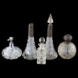 A group of cut-glass perfume bottles, including 3 with silver mounts, largest height 23cm 1 of the