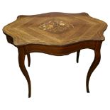 19th Century French rosewood marquetry inlaid centre table, shaped top on cabriole legs, with single