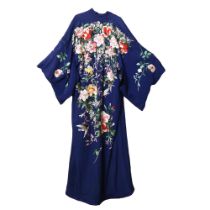 A Japanese dark blue silk Kimono with embroidered floral designs, early to mid-20th century