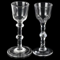 An Antique cordial glass with multi-facet stem, height 14cm, and a cordial glass with globular