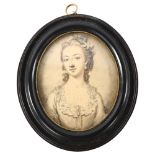 An 18th century miniature watercolour on paper, half length portrait of a lady, unsigned in