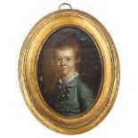 An 18th century miniature oil on board, portrait of a child wearing a blue coat, inscribed verso