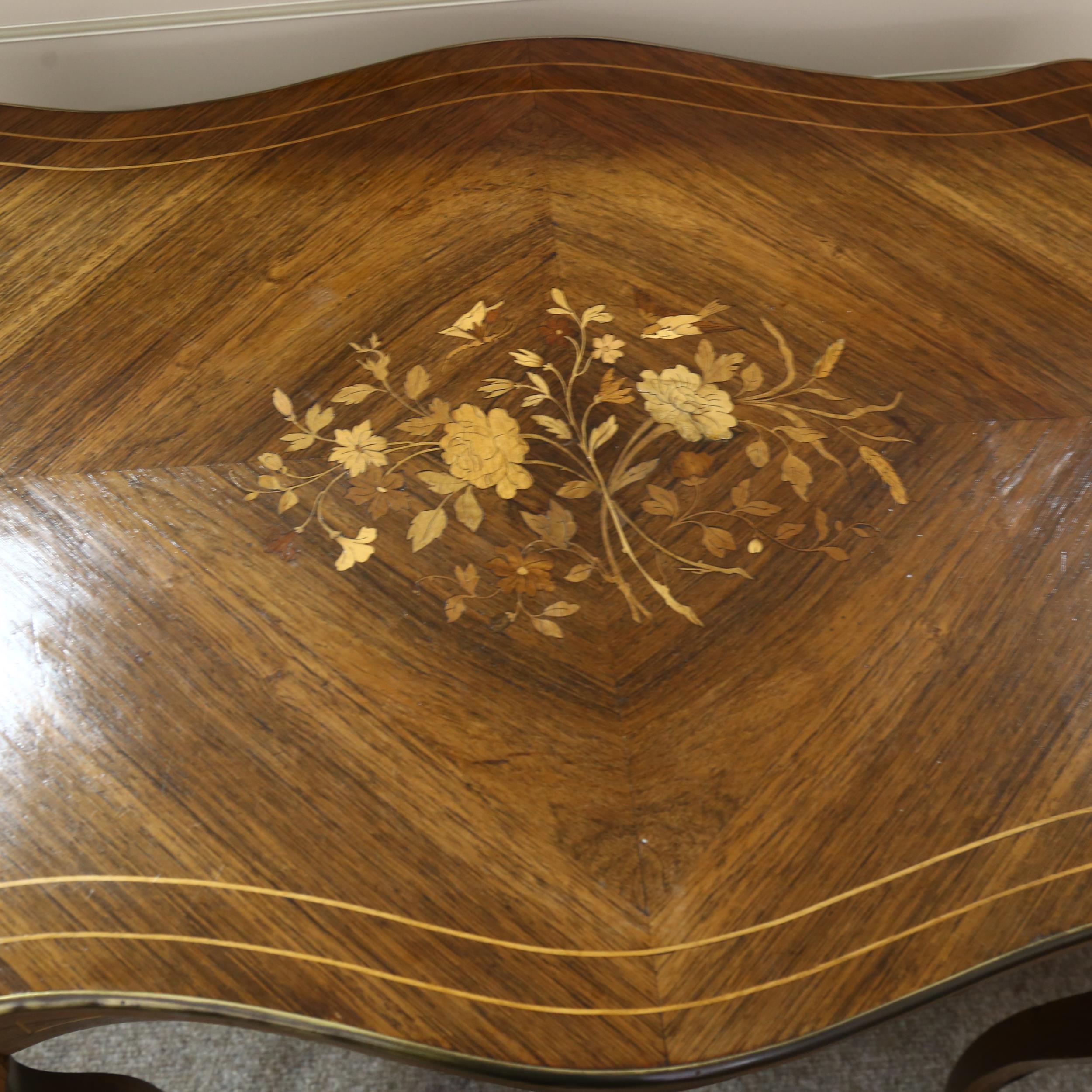 19th Century French rosewood marquetry inlaid centre table, shaped top on cabriole legs, with single - Image 2 of 3