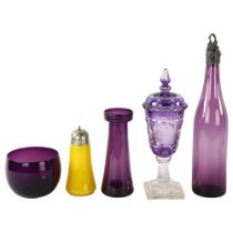 A group of 19th century coloured glass, including amethyst overlay bowl and cover, height 28cm (5)