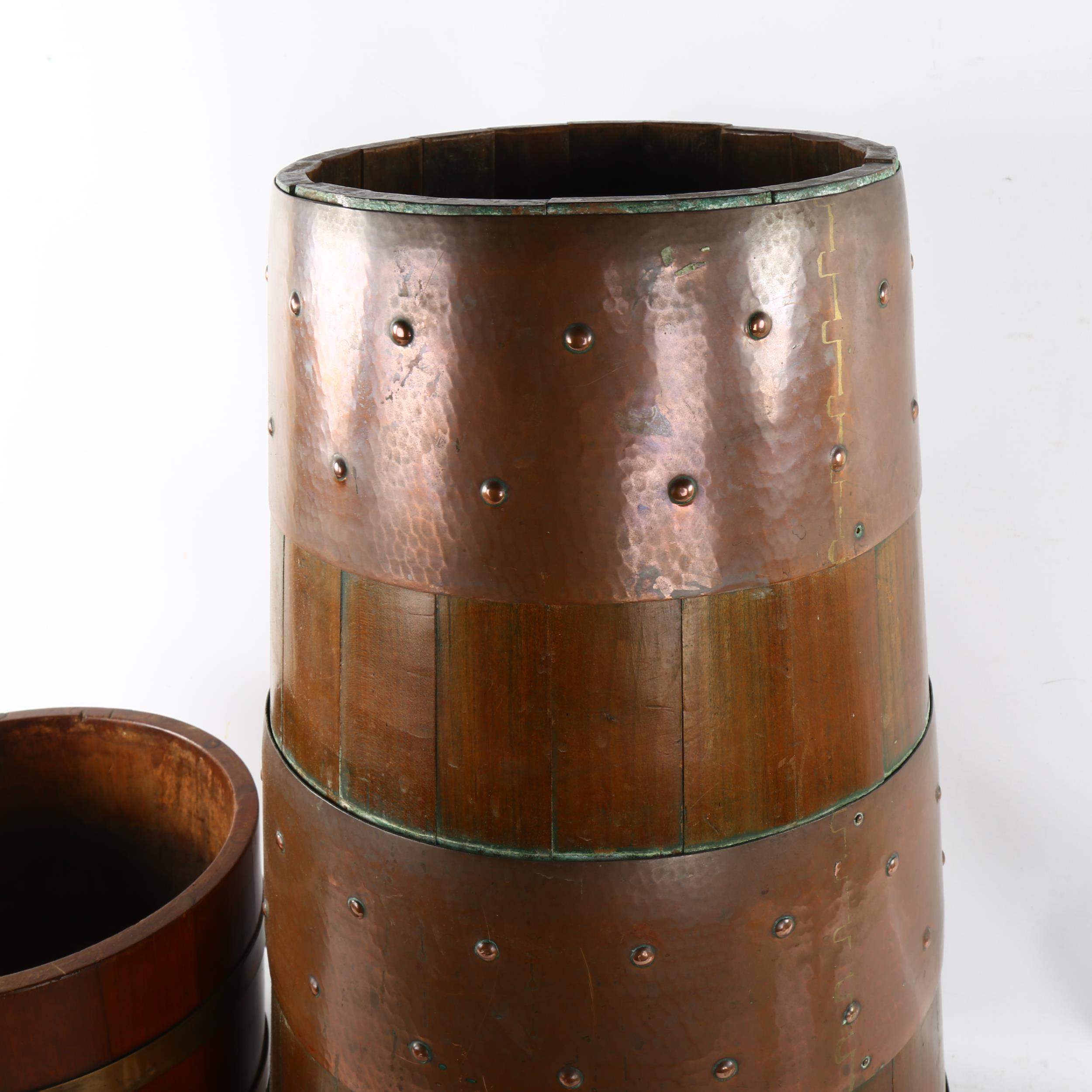 A Lister coopered bucket with makers label and another planished copper bound stick stand, tallest - Image 3 of 3