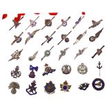 A collection of 30 military sweetheart brooches, mostly WW II period, 27 marked silver All with