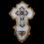 A 19th century French onyx ormolu and champleve enamel holy water receptacle, height 21cm Very