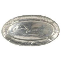 An Art Nouveau electroplate fish platter with relief moulded decoration, maker's marks B and G,