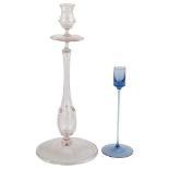 A 19th century glass candlestick, possibly French and another Scandinavian blue glass candlestick,