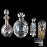 A group of 5 glass smelling salt jars and perfume bottles (5) Silver overlay bottle has a bruise/