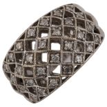 A modern 9ct white gold diamond lattice band ring, set with single-cut diamonds, total diamond