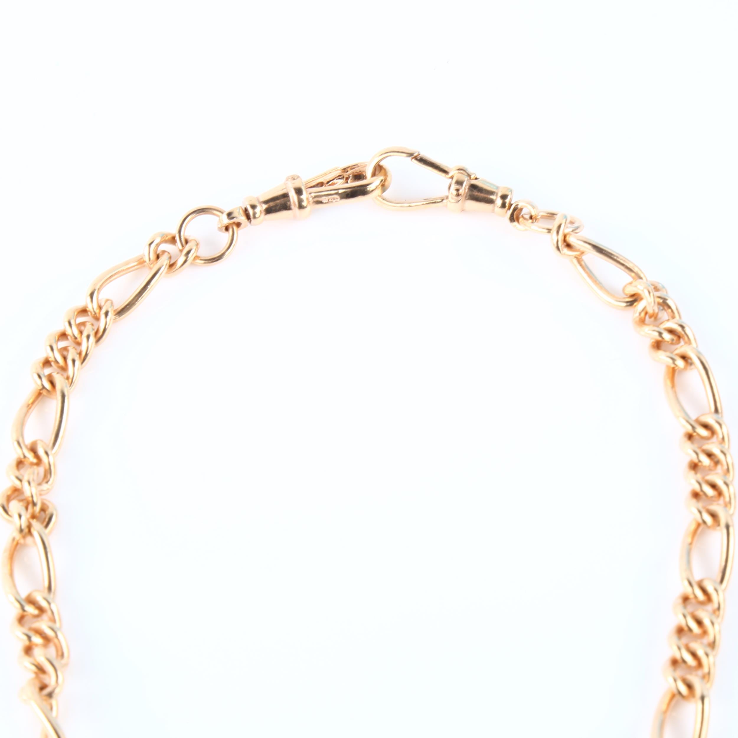 A modern 9ct rose gold figaro link Albert chain necklace, with T-bar and 2 dog clips, chain length - Image 3 of 4