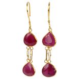 A pair of 14ct gold ruby drop earrings, with shepherd hook fittings, earring height 27mm, 0.6g No